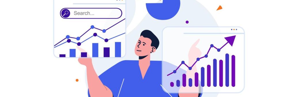 seo-analysis-modern-flat-concept-for-web-banner-design-man-analytic-analyzes-site-data-and-studies-graphs-on-screens-and-develops-promotion-strategy-illustration-with-isolated-people-scene-vector