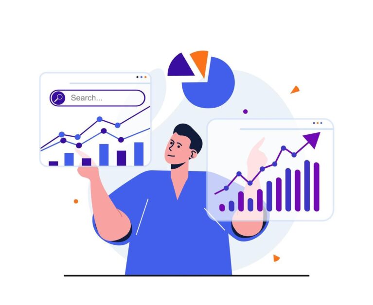 seo-analysis-modern-flat-concept-for-web-banner-design-man-analytic-analyzes-site-data-and-studies-graphs-on-screens-and-develops-promotion-strategy-illustration-with-isolated-people-scene-vector